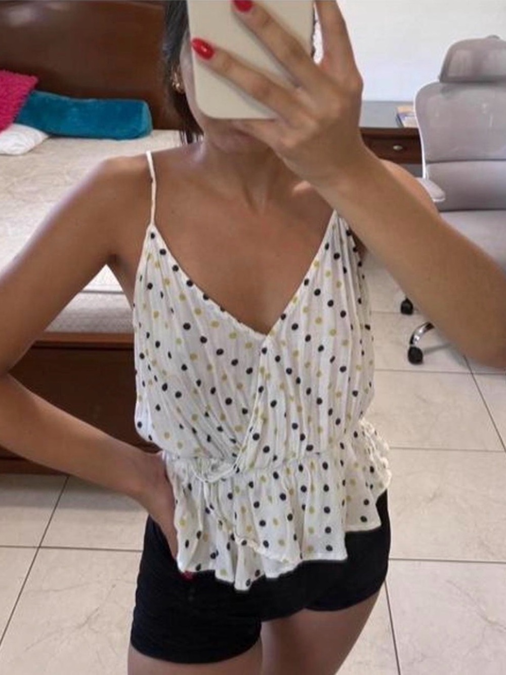 FAVLUX White Polka Dot Ruffle Wrap Cami with Black & Yellow Dots